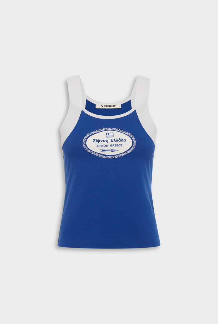 Venroy Printed Wide Strap Tank - Bright Blue/White