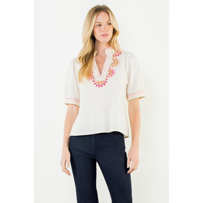 THML Puff Sleeve Floral Embroidery Top | Cream