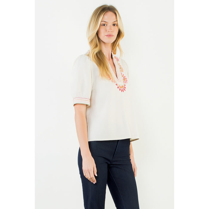 Puff Sleeve Floral Embroidery Top | Cream