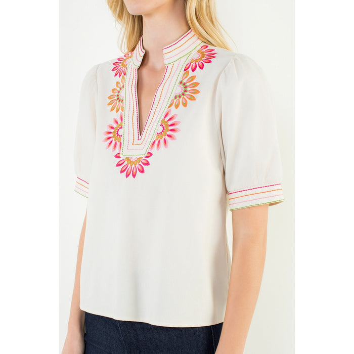 Puff Sleeve Floral Embroidery Top | Cream