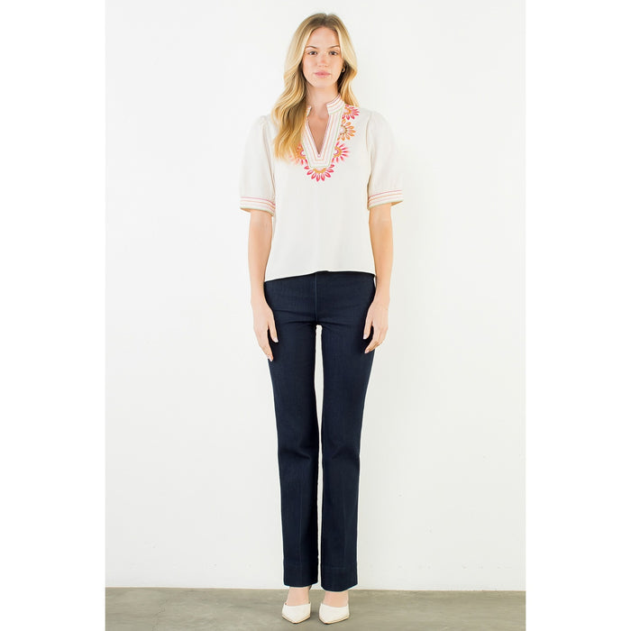 Puff Sleeve Floral Embroidery Top | Cream