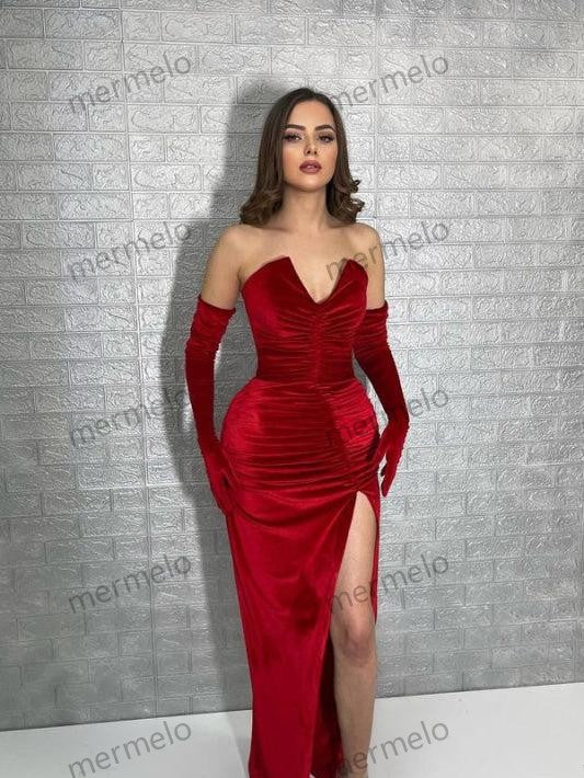 Red Classic V-Neck Prom Dress with Gloves and Pleats