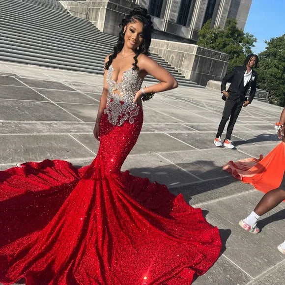 red mermaid prom dress long sequined dresses