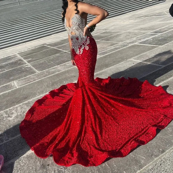 red mermaid prom dress long sequined dresses