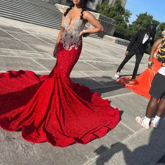 red mermaid prom dress long sequined dresses