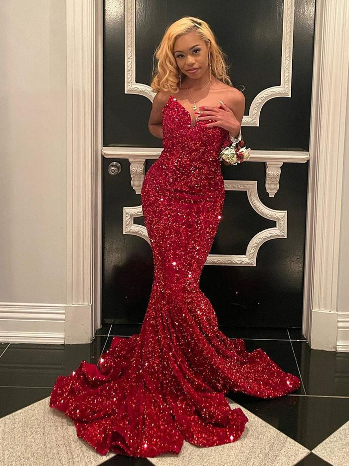 Red Mermaid Sweetheart Neck Sequins Long Prom Dresses
