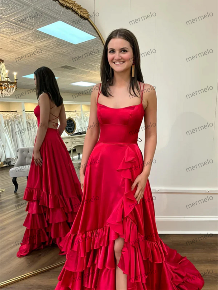 Red Satin Straps Cross Back Long Party Dress, Red Satin Prom Dress