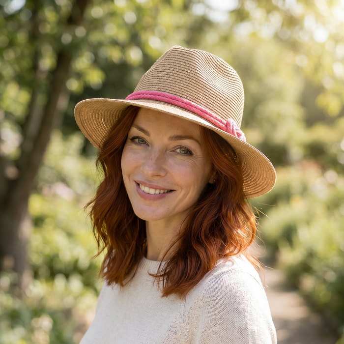 Woman wearing a packable panama hat with a pink band in a garden setting