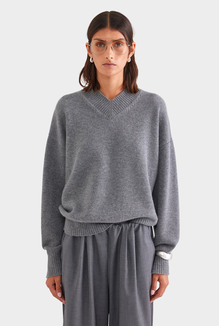 Relaxed Wool Wide Leg Trouser - Dark Grey Marl