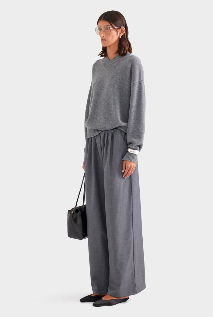 Relaxed Wool Wide Leg Trouser - Dark Grey Marl