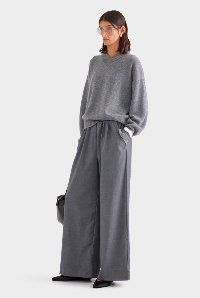 Relaxed Wool Wide Leg Trouser - Dark Grey Marl