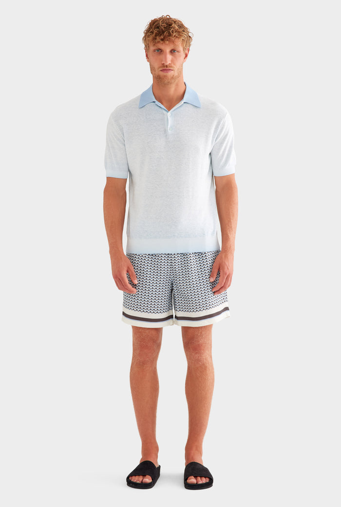 Reverse Printed Knit Polo - Washed Powder Blue