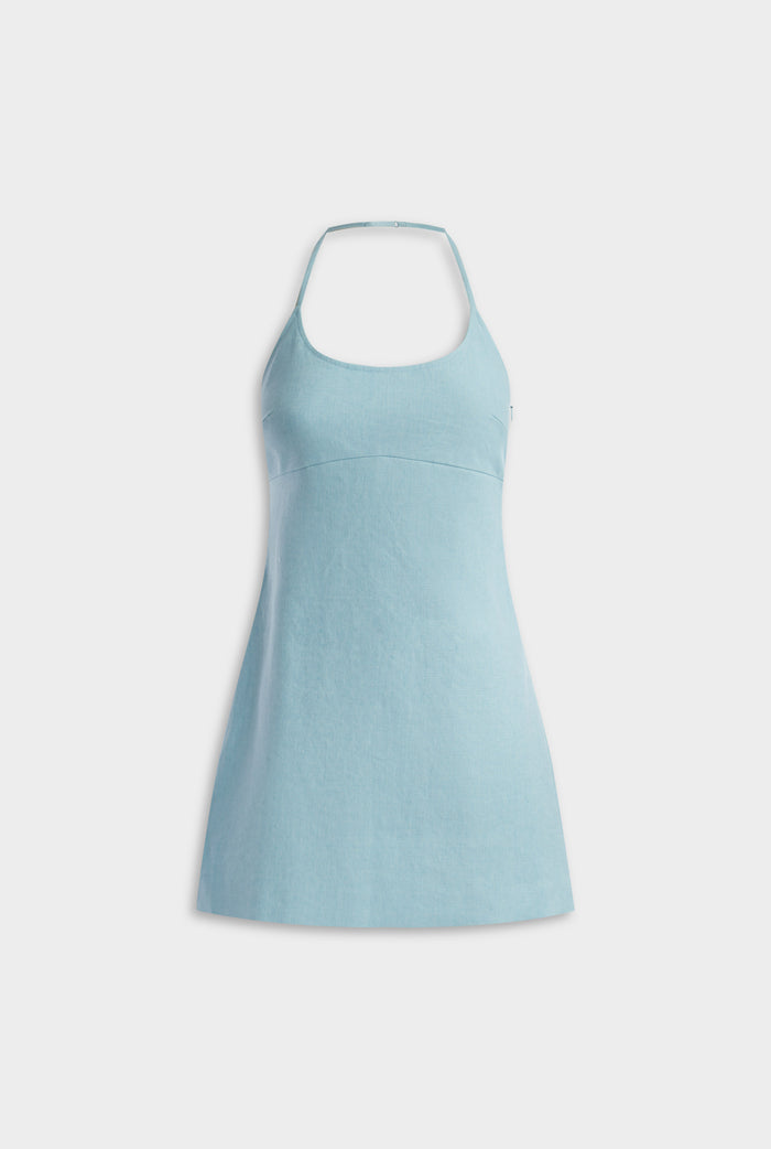 Scoop Neck Linen Halter Mini Dress - Sky Blue