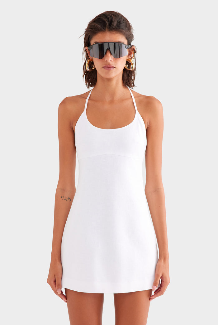 Scoop Neck Linen Halter Mini Dress - White