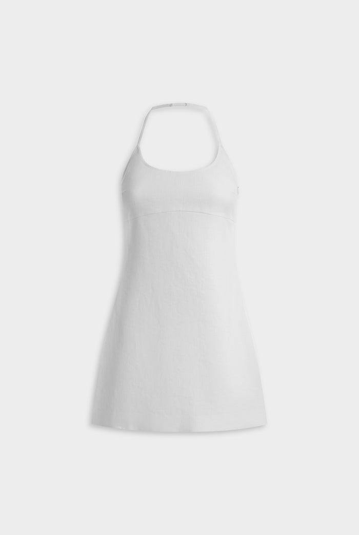 Scoop Neck Linen Halter Mini Dress - White