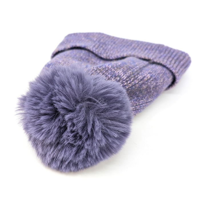 Sequin Faux Fur PomPom Hat - Purple