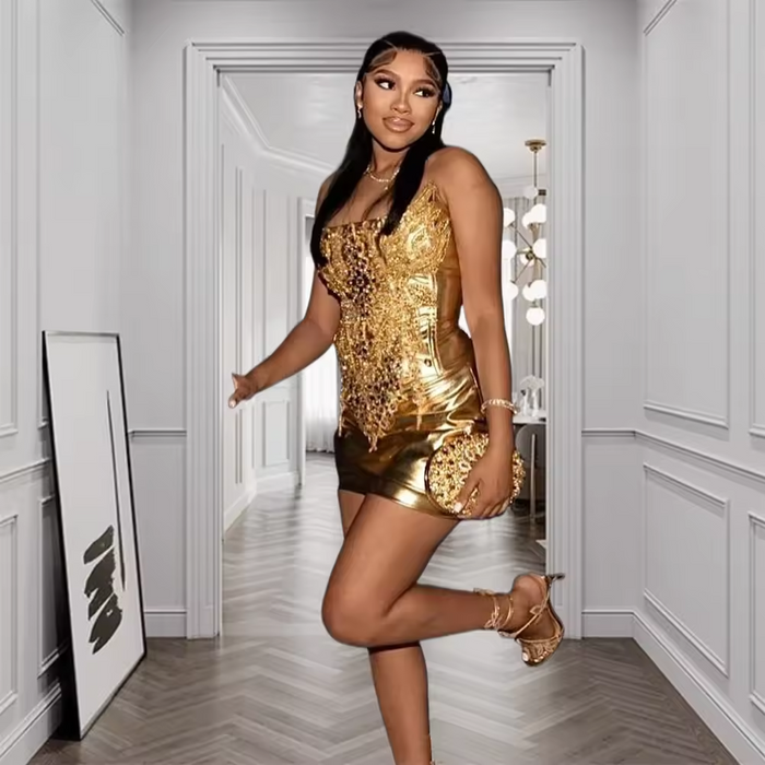 Sexy Gold Sequins Prom Dress Luxury Crystal Beads Plus Size Birthday Party Cocktail Gown Homecoming Robe De Bal