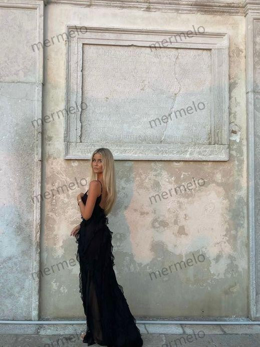 Sexy Mermaid Spaghetti Straps Floor Length Chiffon Evening Dress Prom Dresses