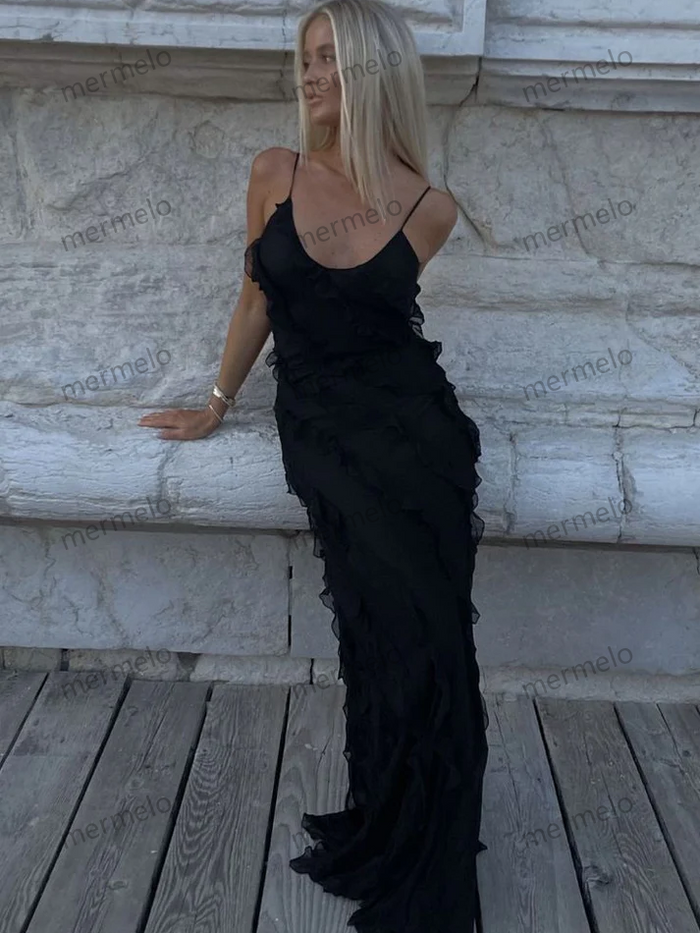 Sexy Mermaid Spaghetti Straps Floor Length Chiffon Evening Dress Prom Dresses