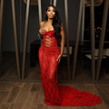 Sexy Red Lace Prom Dress For Black Girls Sweetheart Mermaid Party Gowns See Through Vestidos De Graduación