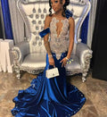 Sexy Royal Blue See Thru Prom Dresses For Blackgirls Mermaid Dress Party Evening Elegant Celebrity Rainbow Customized