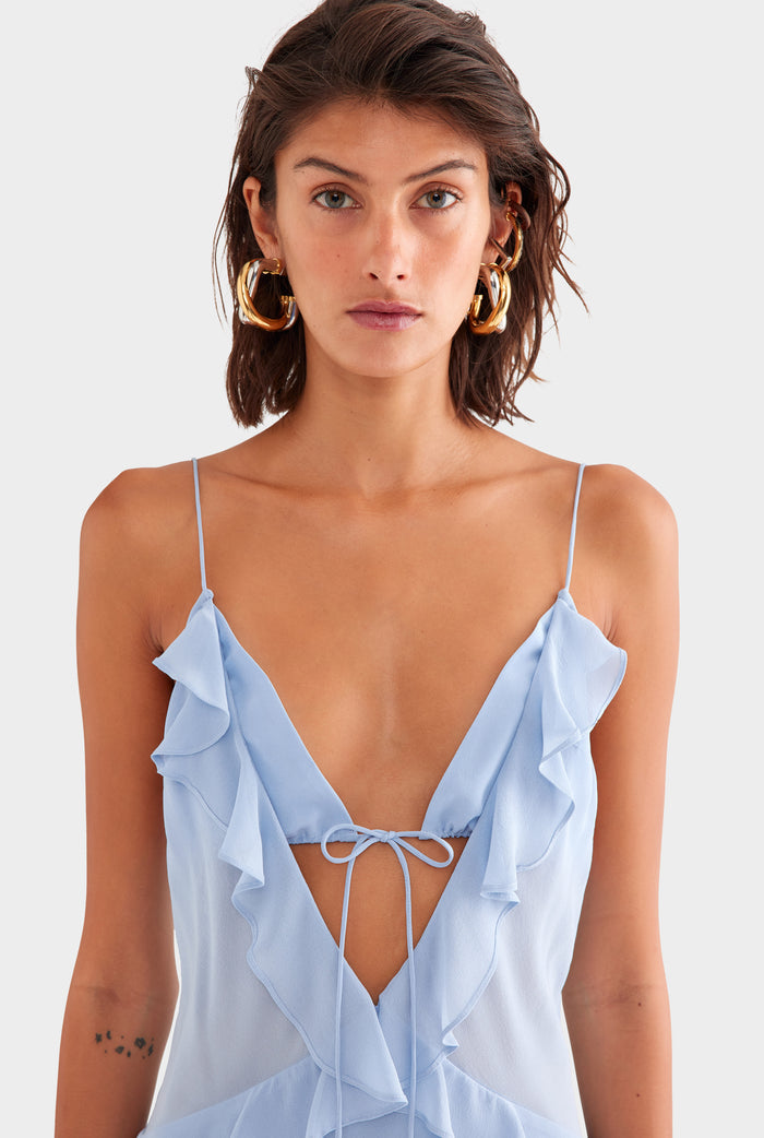Silk Bralette Ruffle Maxi Dress - Powder Blue