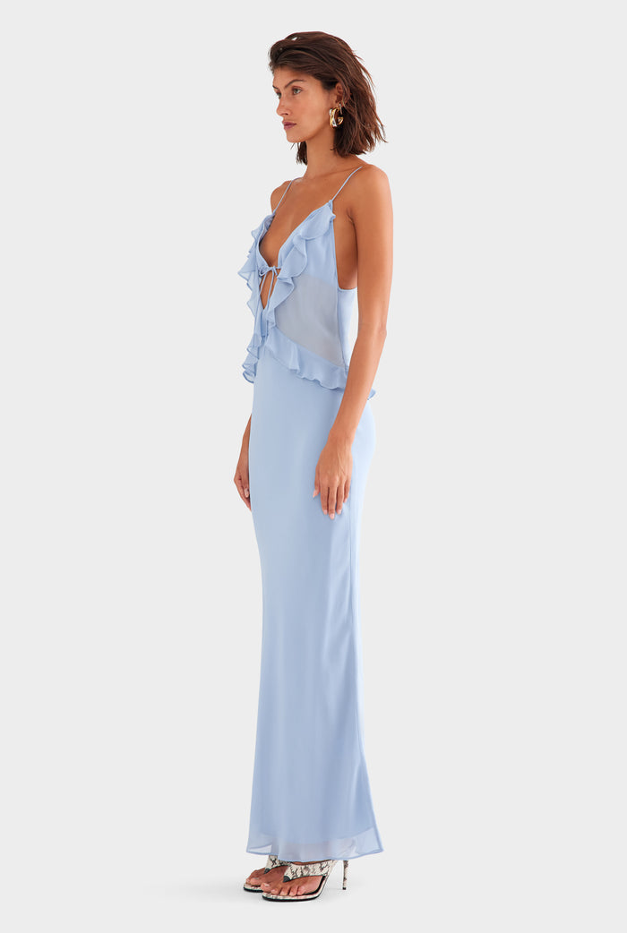 Silk Bralette Ruffle Maxi Dress - Powder Blue