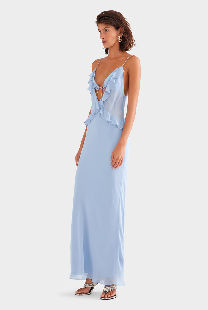 Silk Bralette Ruffle Maxi Dress - Powder Blue