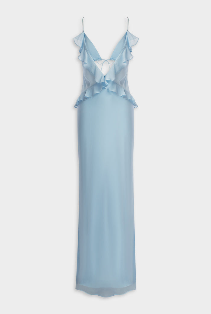 Silk Bralette Ruffle Maxi Dress - Powder Blue