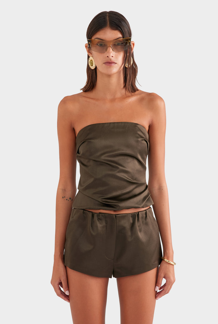 Silk Cotton Strapless Bustier - Dark Olive