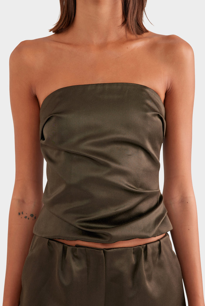 Silk Cotton Strapless Bustier - Dark Olive