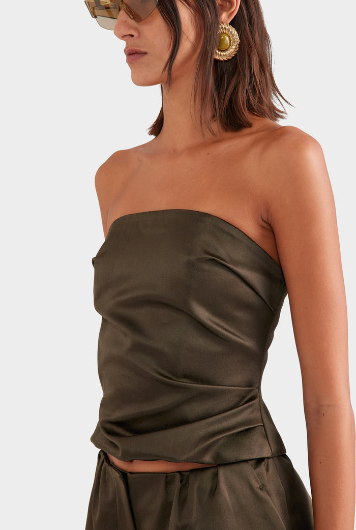Silk Cotton Strapless Bustier - Dark Olive