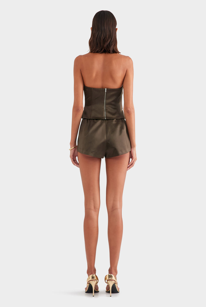 Silk Cotton Strapless Bustier - Dark Olive
