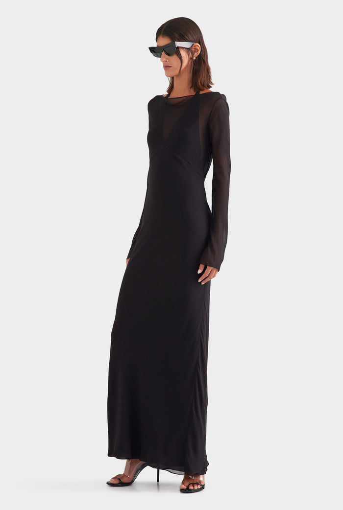 Silk Layered Long Sleeve Maxi Dress - Black