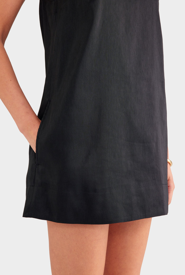 Silk Linen Shift Mini Dress - Black