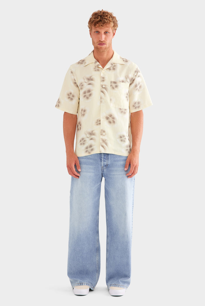 Silk Linen Short Sleeve Shirt - Natural Blurred Floral