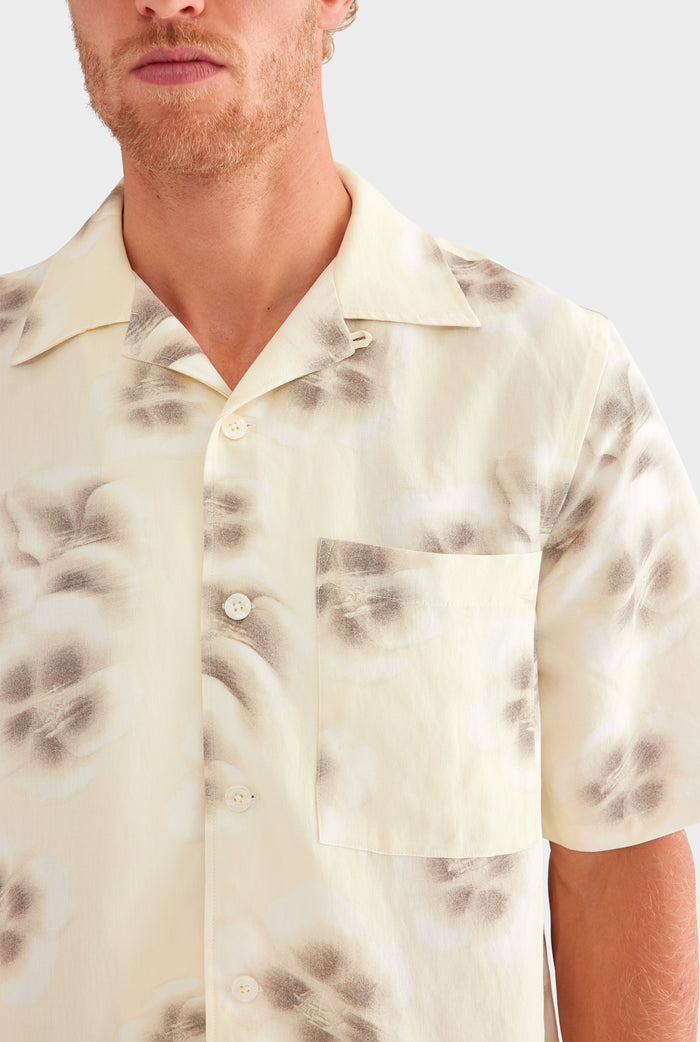 Silk Linen Short Sleeve Shirt - Natural Blurred Floral