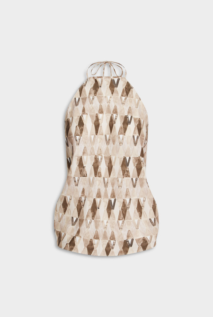 Silk Scarf Halter Top - Beige/Chocolate Painted V Monogram
