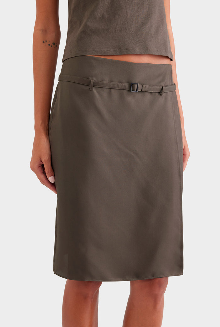 Silk Twill Belted Skirt - Dark Olive