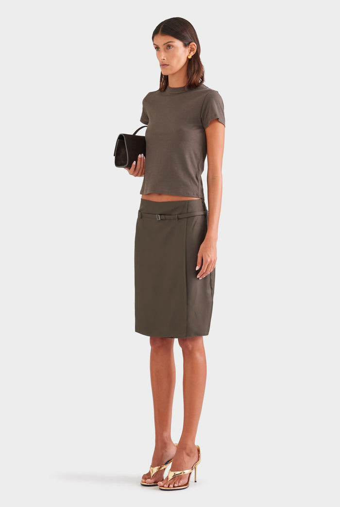 Silk Twill Belted Skirt - Dark Olive
