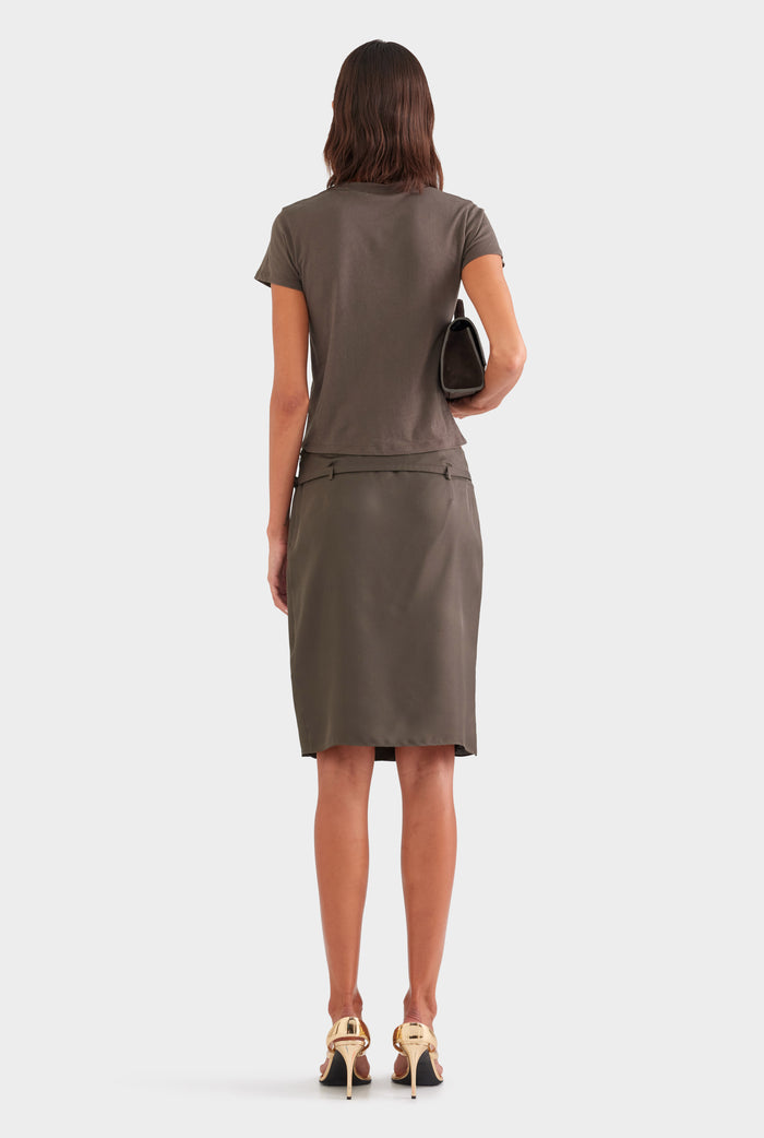 Silk Twill Belted Skirt - Dark Olive