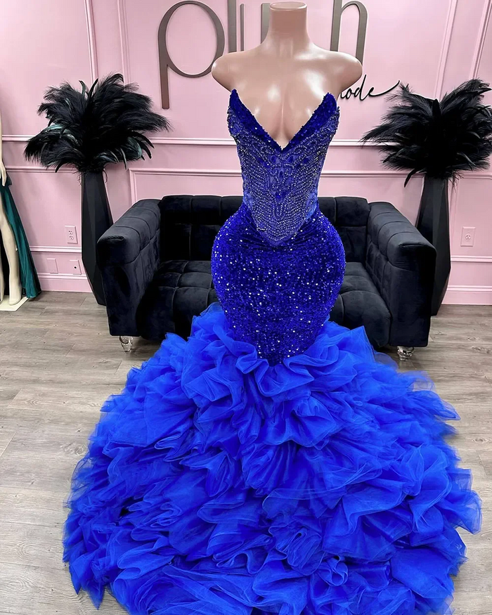 Sparkly Mermaid Prom Dresses Ruffles Skirt Evening Dress For Occasion Woman Sequin Black Girls Party Gowns
