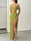 Sparkly Off Shoulder Prom Dresses Long with High Slit Mermaid Sequin Dress for Women Wedding Party Formal Gowns