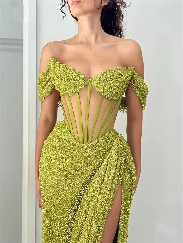 Sparkly Off Shoulder Prom Dresses Long with High Slit Mermaid Sequin Dress for Women Wedding Party Formal Gowns