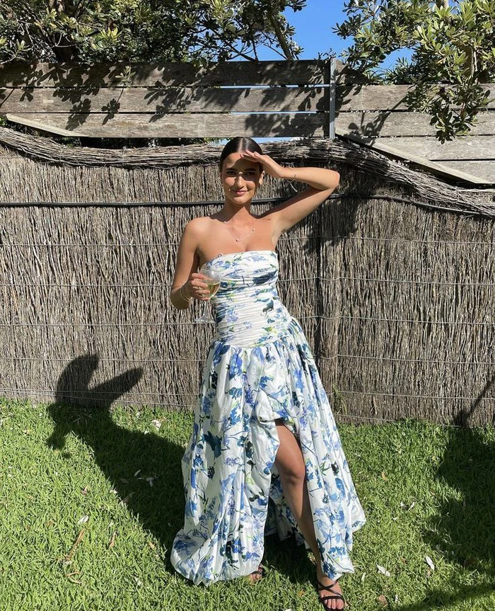 Strapless Print Floral Long Prom Dress Evening Gown