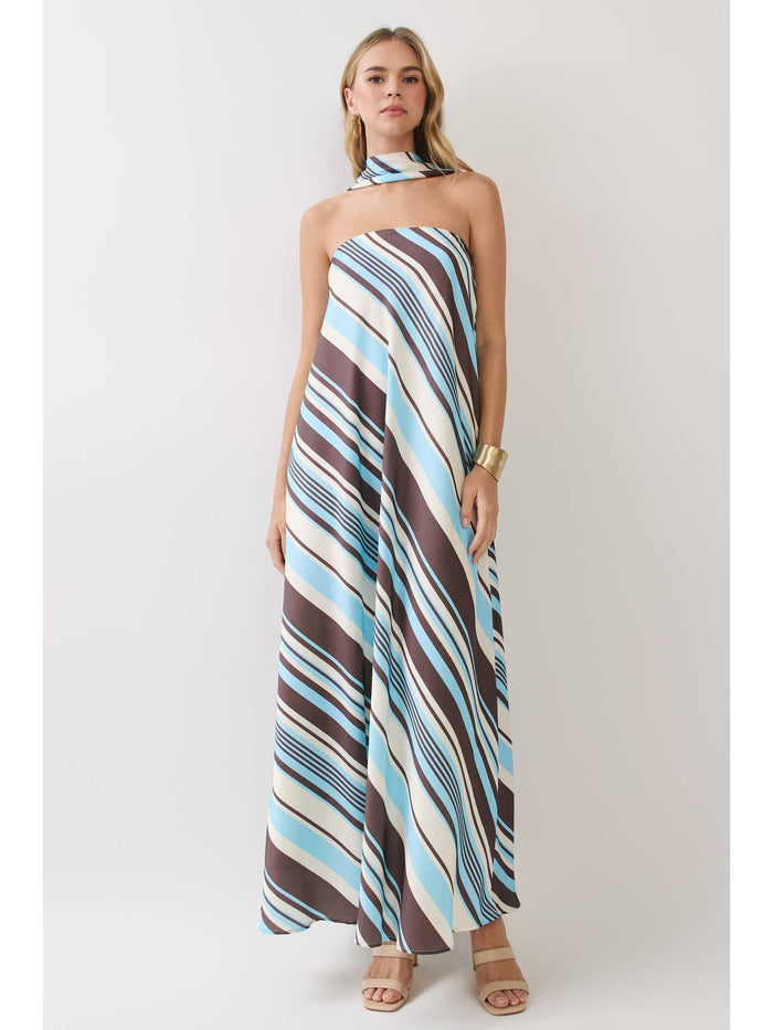 TCEC Striped Strapless Maxi Dress with Scarf