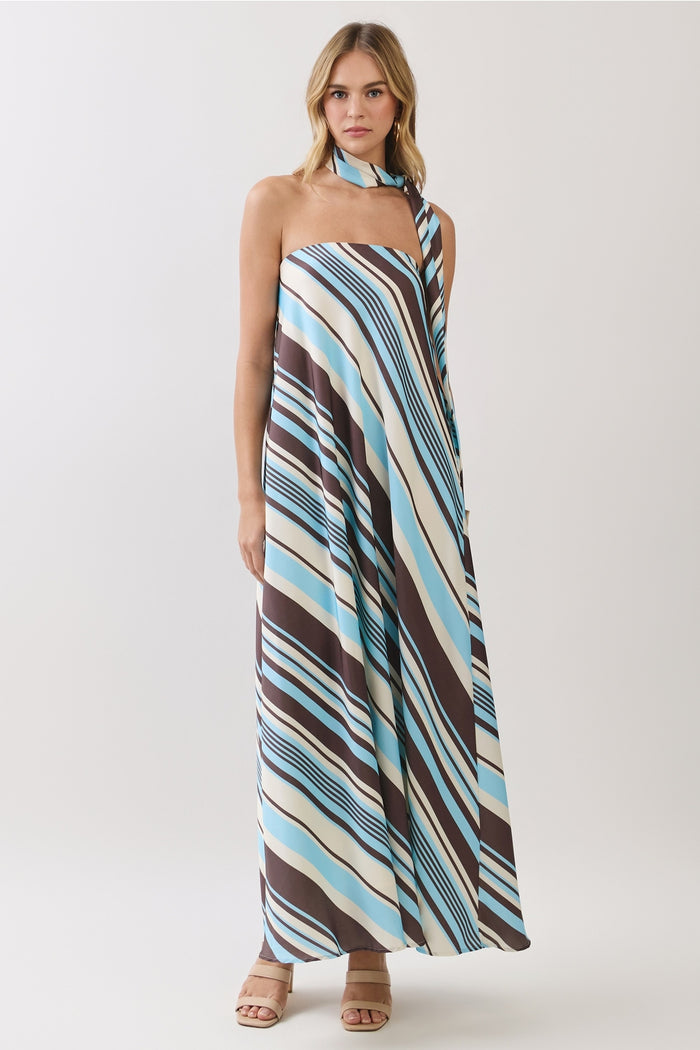 Striped Strapless Maxi Dress with Scarf