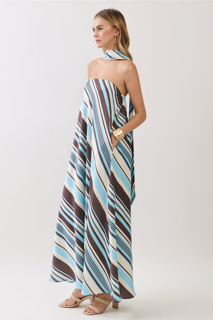 Striped Strapless Maxi Dress with Scarf