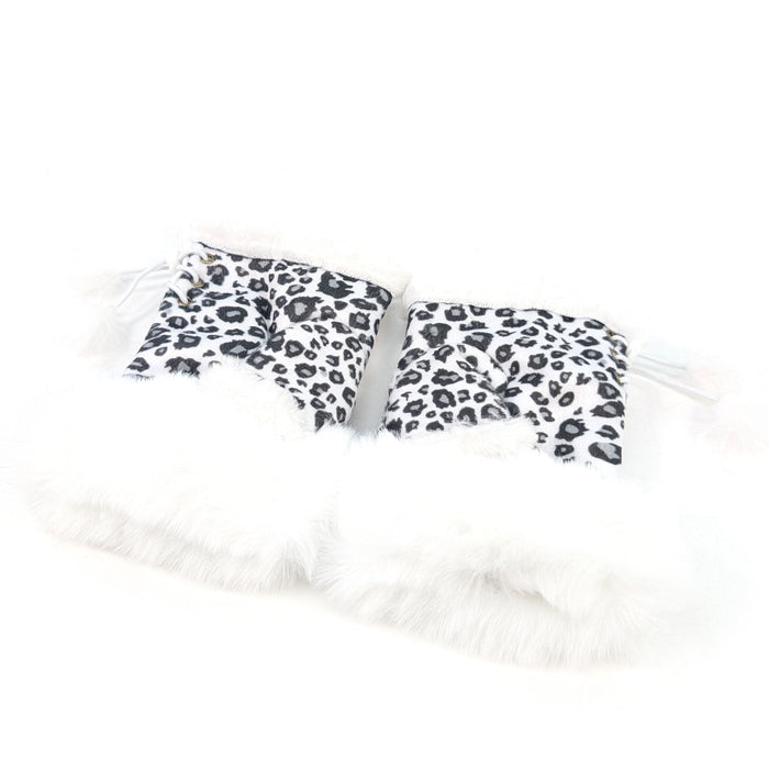 Suede Effect Fingerless Gloves - White Animal Print