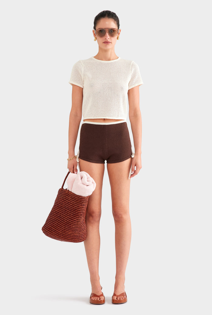 Terry Knit Tie Short - Chocolate/White